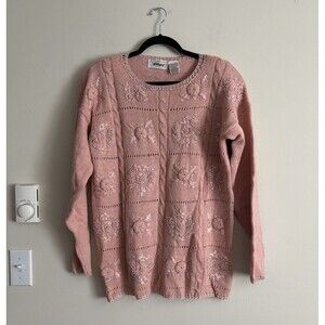 VTG 90s 2000s‎ Y2K Worthington XL Knit Sweater Coquette Floral Shabby Chic Pink